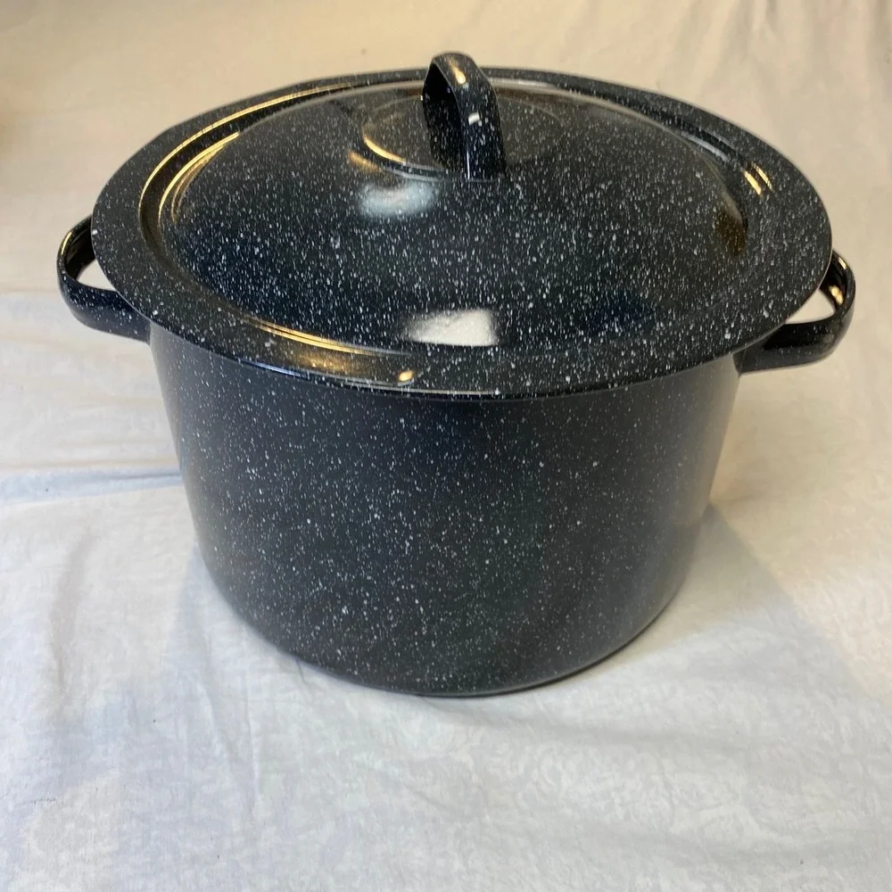 Vintage Black Speckled Enamelware Stock Pot Canner Dutch‎ Oven w Lid 10 Qt